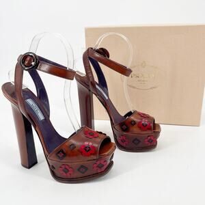 Prada Tobacco Brown Leather Floral Platform Ankle Strap High Heel Sandals IT 38